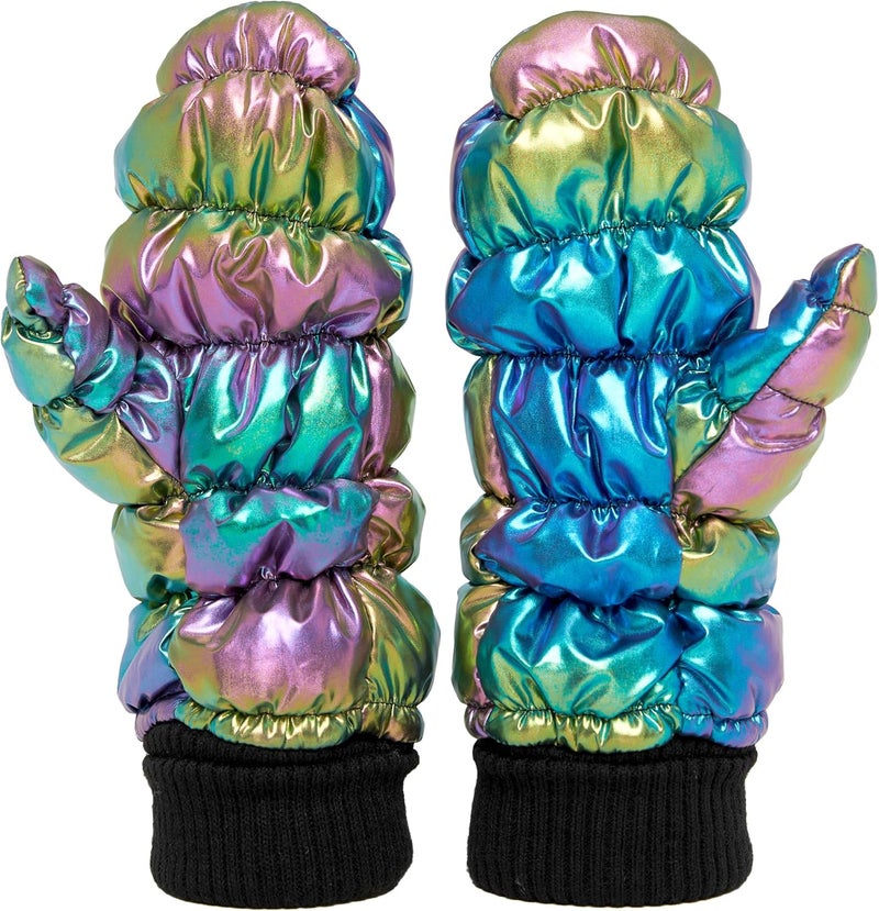 Funky Junque Women's Fleece Lined Puffer Mittens Gloves, Cold Weather Accessory for Ice Skating, Shiny Metallic Knit Cuff - Image 1